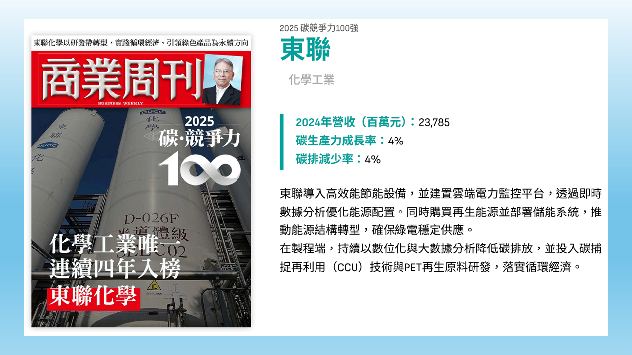 東聯化學連續四年入選《商業周刊 碳競爭力百強》